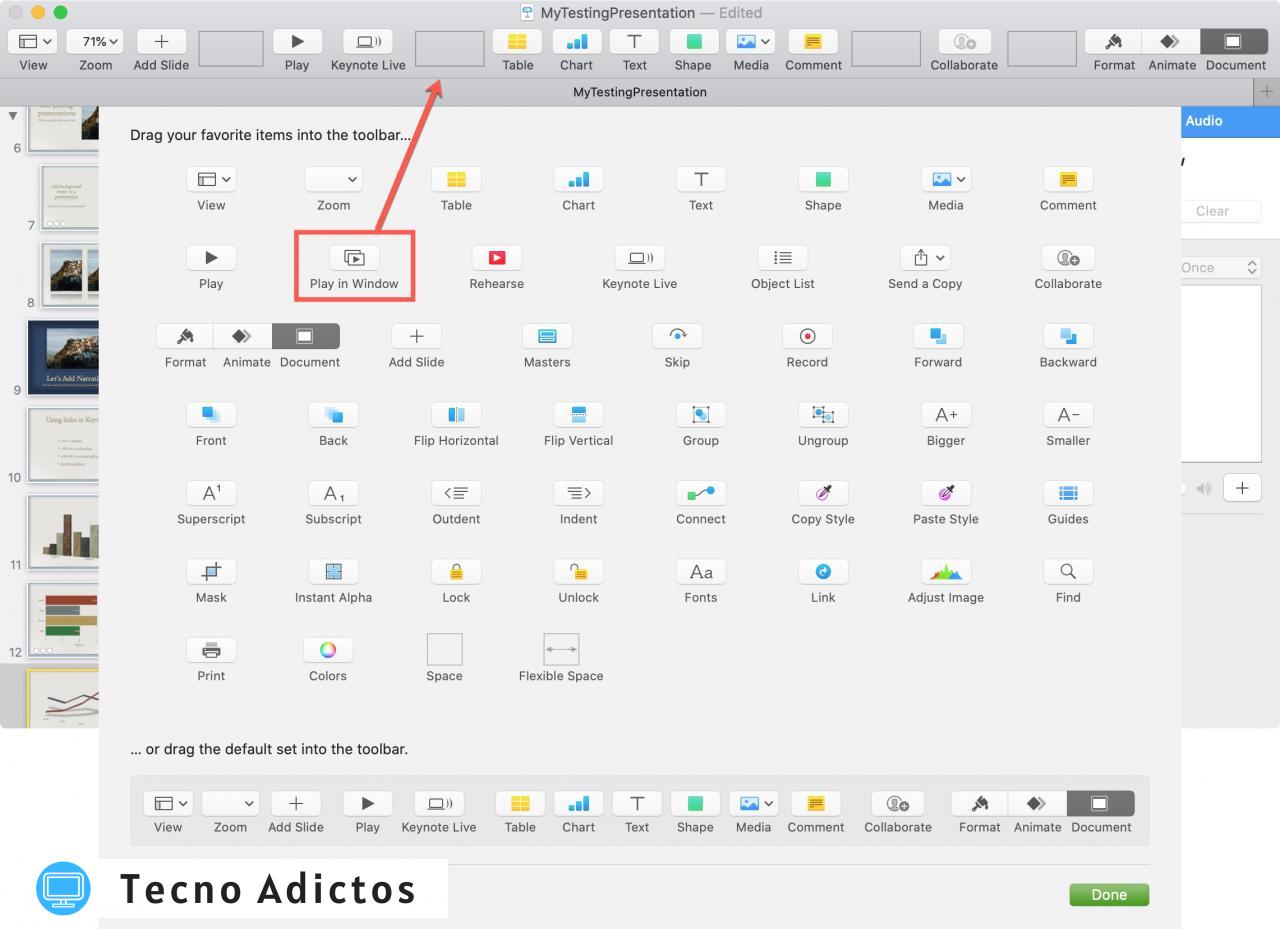Keynote Mac Agregar el botón Reproducir en la ventana a la barra de herramientas