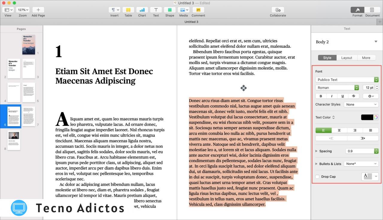 Formato de fuente de Pages Book en Mac
