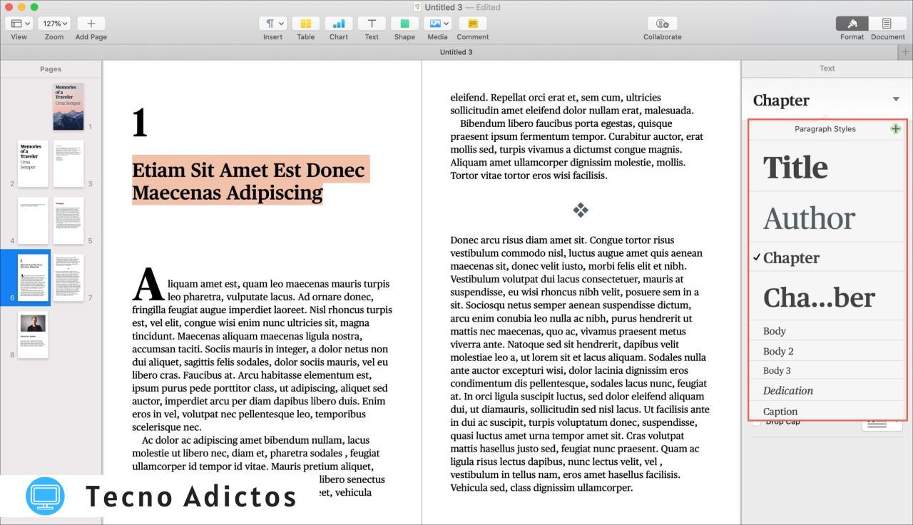 Estilos de párrafo del libro de Pages en Mac