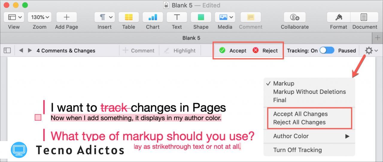 Pages Mac Aceptar Rechazar todos los cambios