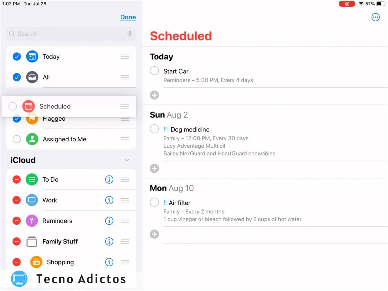 Reorganizar listas inteligentes en recordatorios iPad