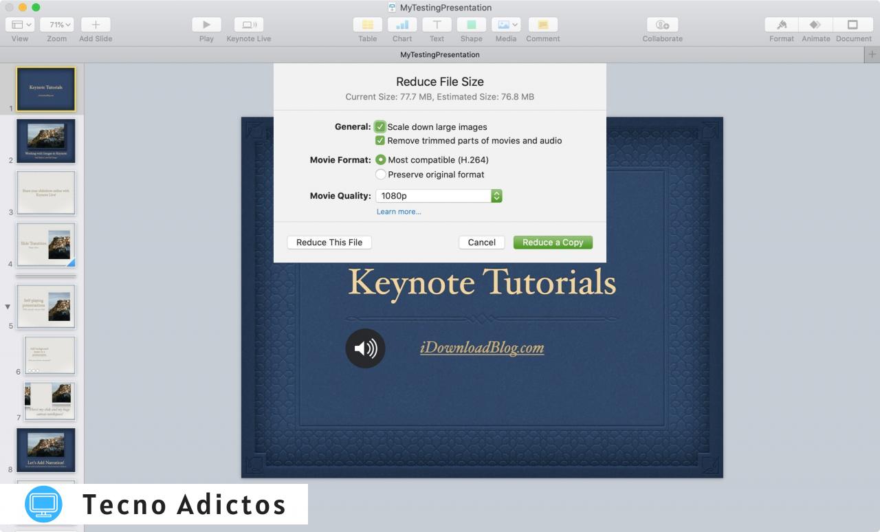 Reducir la configuración de tamaño de archivo Keynote Mac