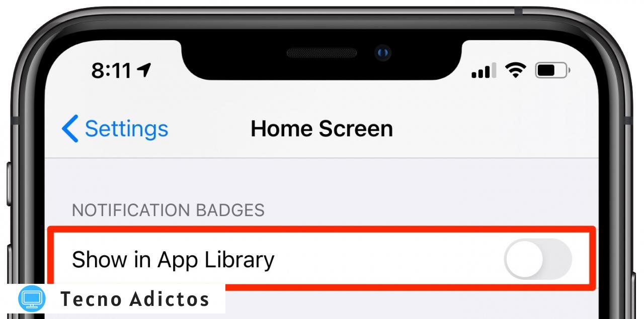 Ocultar insignias de notificación Biblioteca de aplicaciones: la opción "Mostrar en la biblioteca de aplicaciones" está desactivada en la configuración de la pantalla de inicio