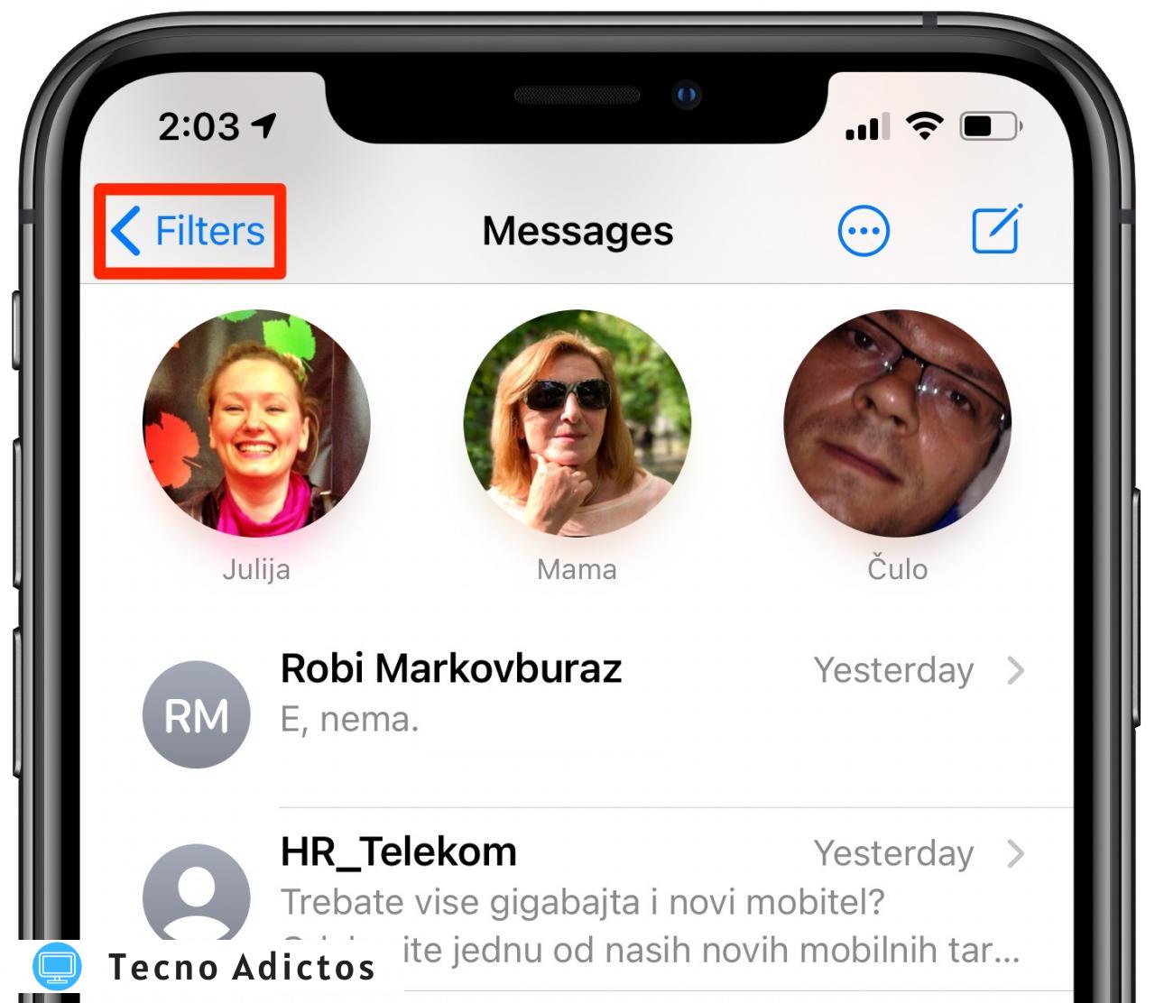 Filtrado de mensajes de iOS 14: el botón Filtros
