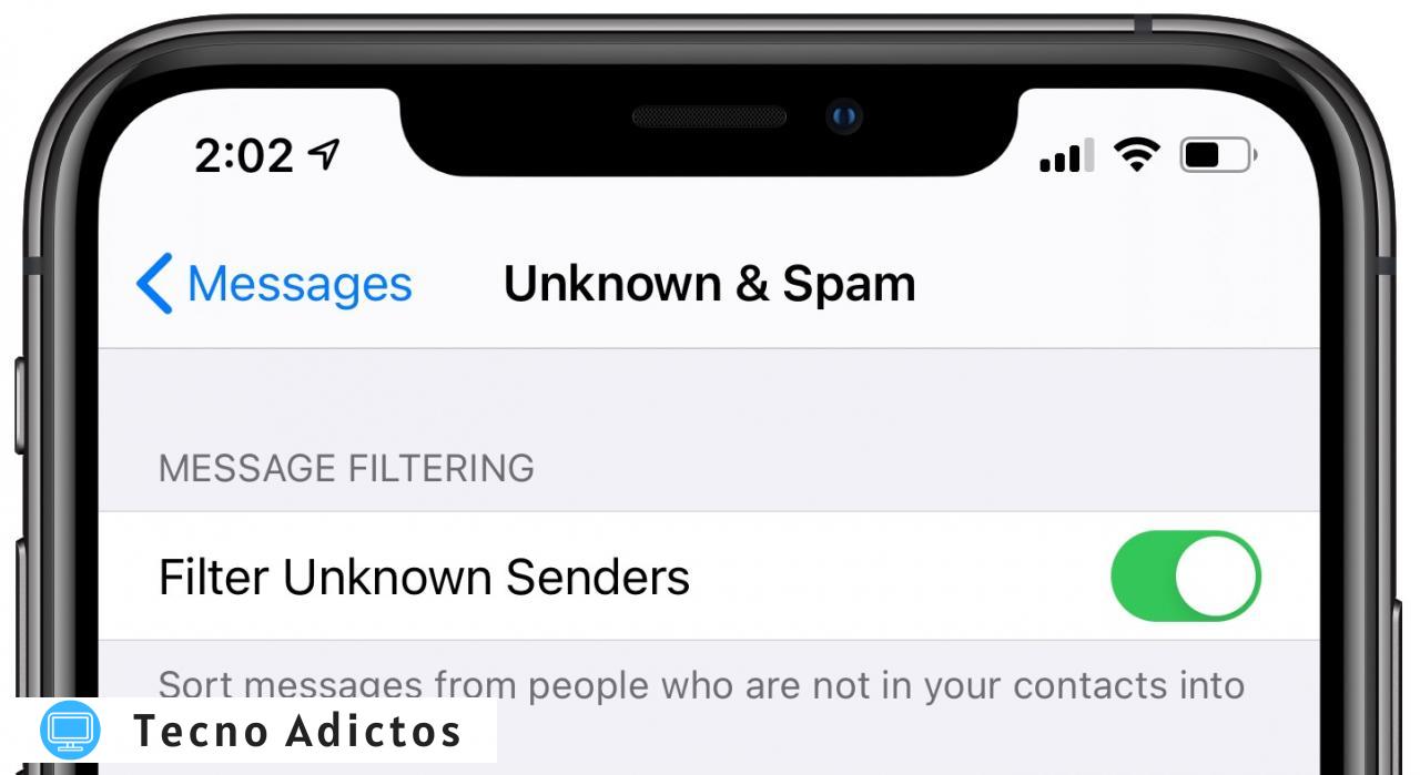 Filtrado de mensajes de iOS 14: filtrar remitentes desconocidos habilitado en Configuración → Mensajes