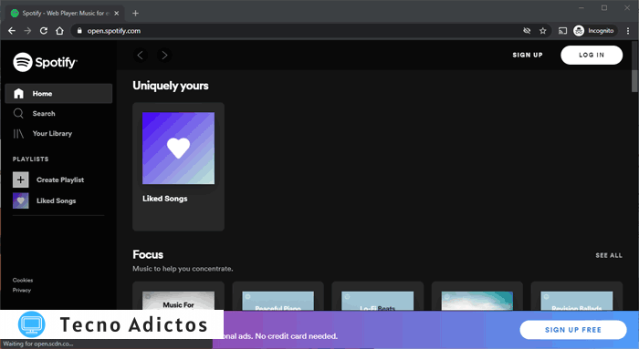 El reproductor web de Spotify no funciona en la ventana privada