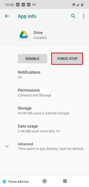 No puedo cargar Google Drive Force Stop