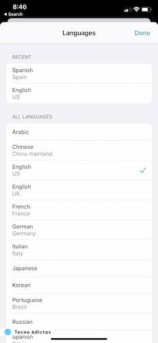 Aplicación Apple Translate Ios14 Seleccionar idioma