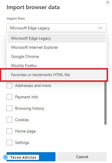 Marcadores Edge Importar archivo HTML