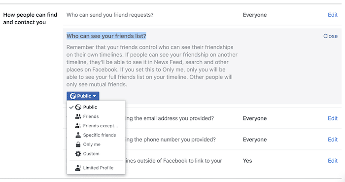 Puedes tomar el control de tu lista de amigos de Facebook, en la siguiente sección: "¿Quién puede ver tu lista de amigos?"
