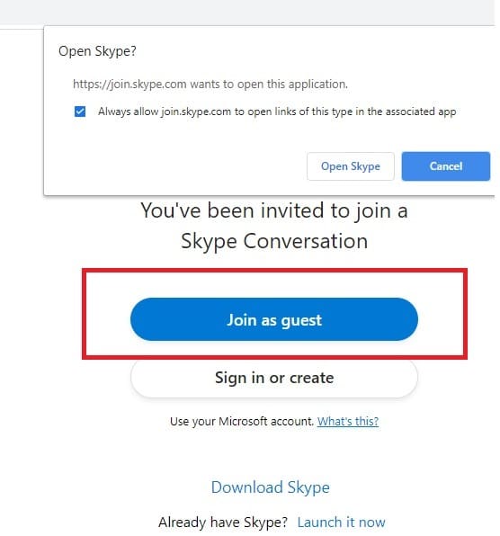 Skype Meet Now Únase como invitado