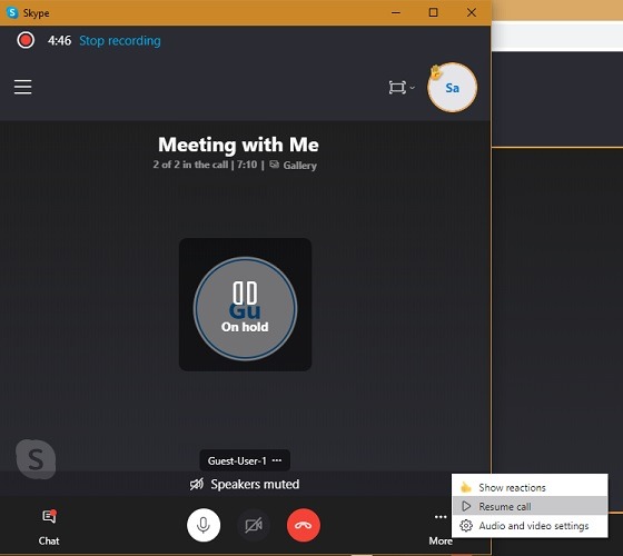 Skype Meet Now Hold Reanudar llamada