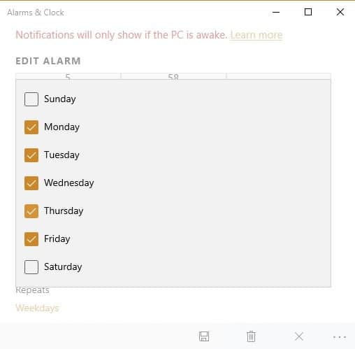 Calendario de alarmas de temporizadores de alarmas de Windows10