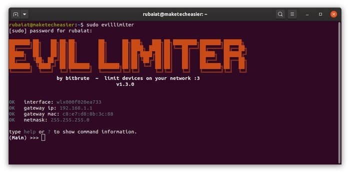 Ejecutando evillimiter para controlar la red wifi en Linux