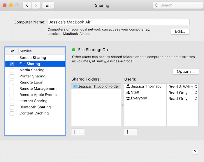 Habilite la configuración para compartir archivos de macOS. 