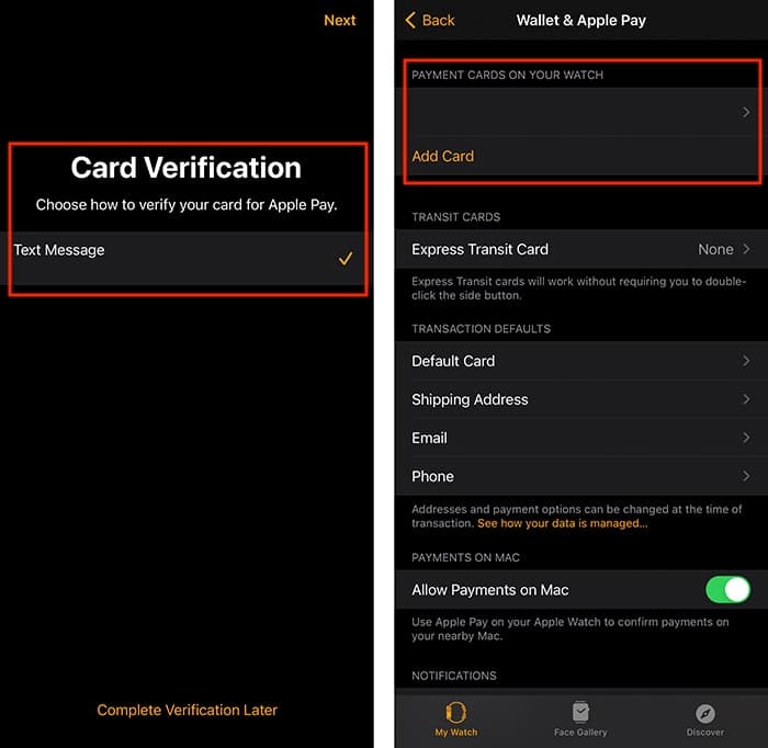 Configurar la verificación de la tarjeta Apple Pay Apple Watch