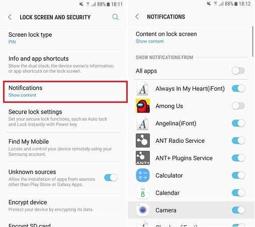 Ocultar notificaciones Pantalla de bloqueo Aplicación específica de Samsung Desactivar