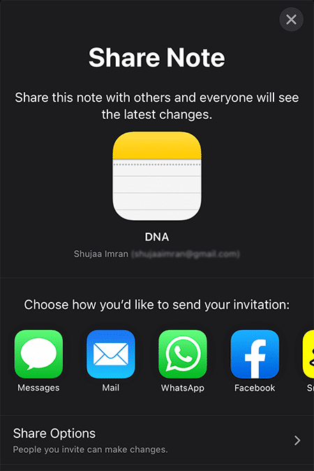 Collaborate Notes Ios Share Options