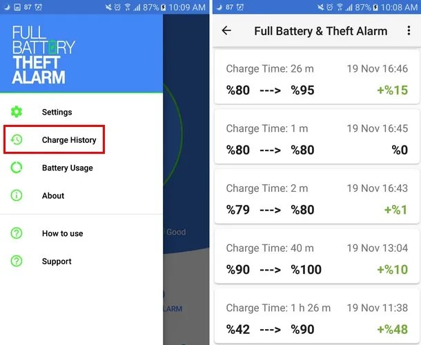 Las mejores aplicaciones de notificación de batería completa Historial de carga de alarma de robo de batería completa