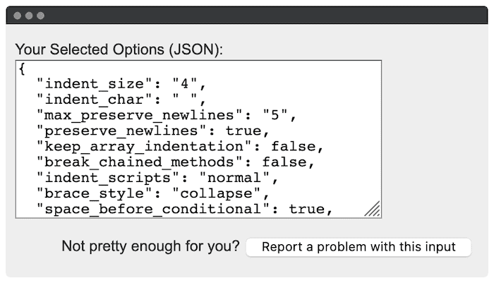 Opciones con formato JSON.