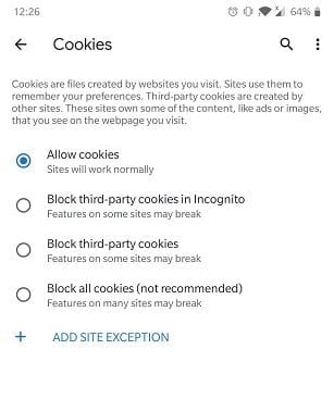 Cómo habilitar cookies Navegador de Android Chrome Permitir cookies