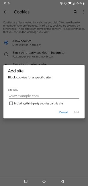 Cómo habilitar cookies en el navegador de Android Chrome Agregar excepción