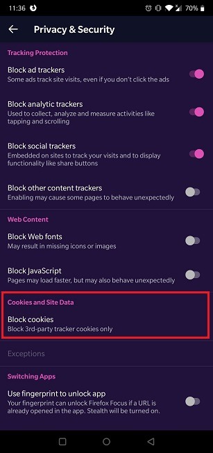 Cómo habilitar cookies Navegador de Android Firefox Focus Cookies y datos del sitio
