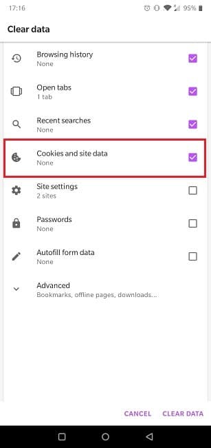 Cómo habilitar las cookies del navegador de Android Opera Cookies y datos del sitio