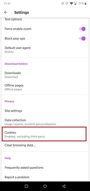 Cómo habilitar las cookies del navegador de Android Opera Cookies