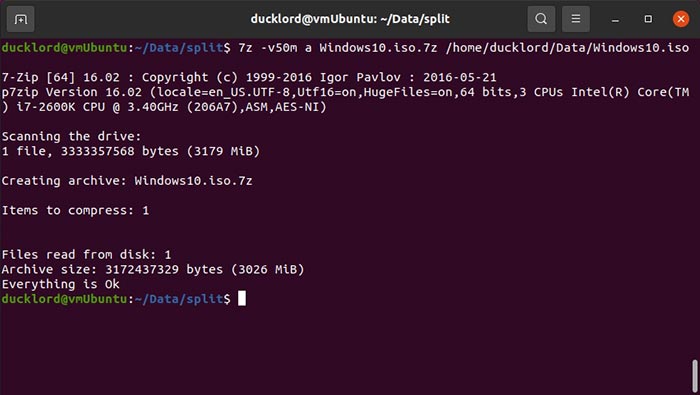 Comprimir archivos divididos en Ubuntu 7z Compresión finalizada