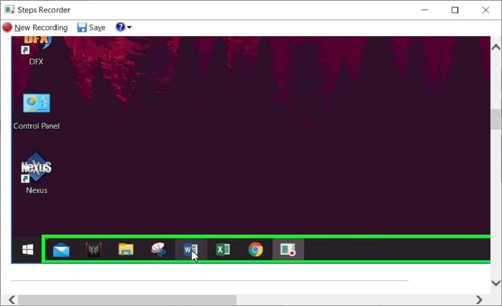 Captura de pantalla del grabador de pasos con ventanas de cursor del mouse
