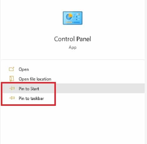 Formas de abrir el panel de control en el pin de inicio de Windows 10