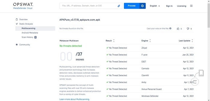 Cómo escanear archivos Apk para virus Metadefender