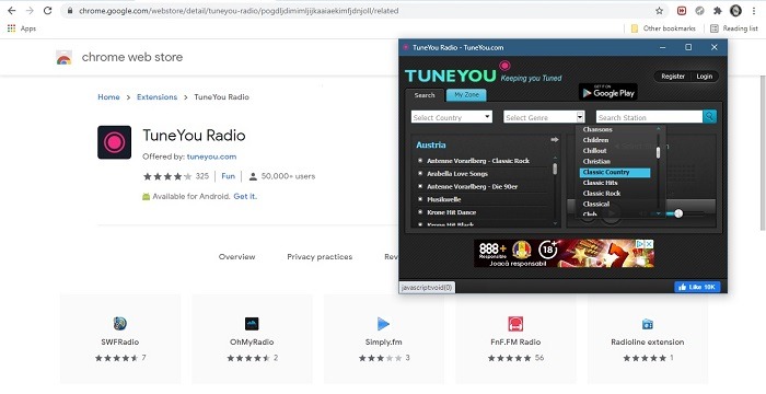 Las mejores extensiones de música Google Chrome Tuneyou Radio