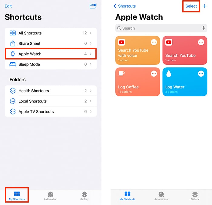 Siri Shortcuts Apple Watch Section en la aplicación Shortcut en Iphone