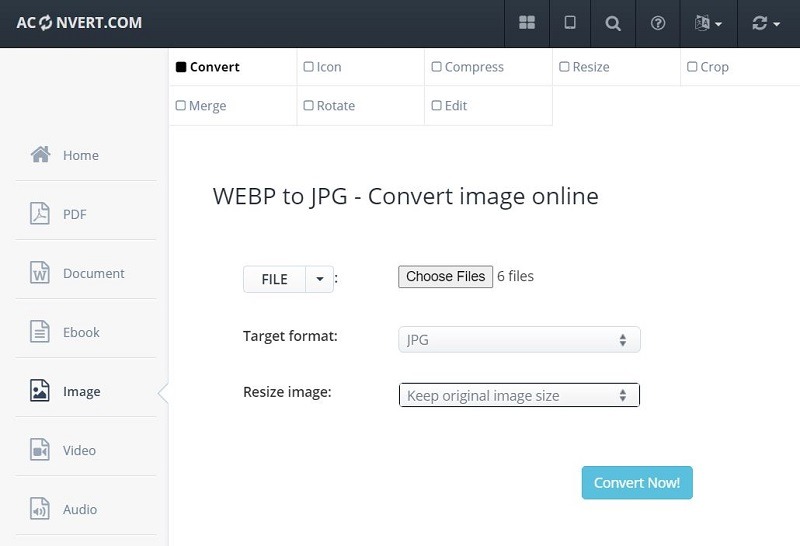Aconvert convertir Webp a Jpg