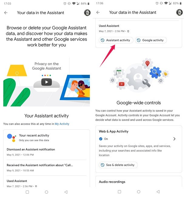 Borrar comandos de voz del asistente de Google Ver la actividad del asistente