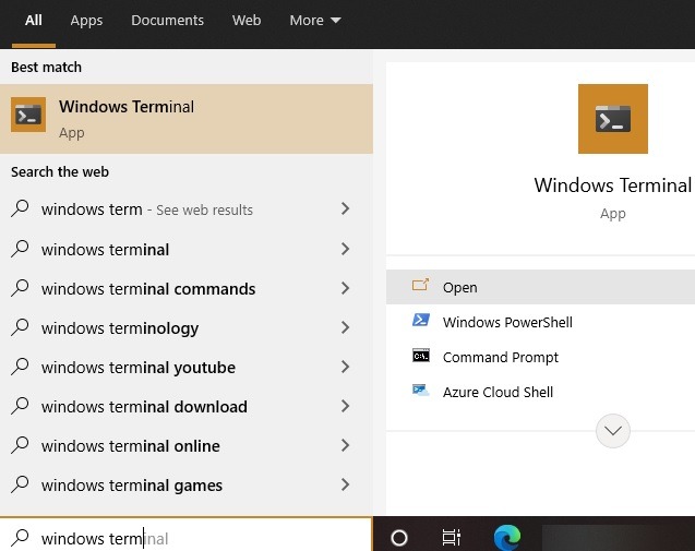 Cuadro de búsqueda de terminal de Windows