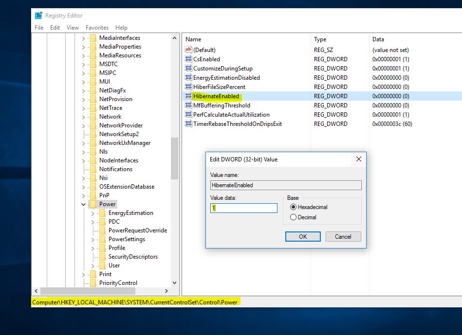 permitir windows 10 opción hibrnate usando el editor de registro