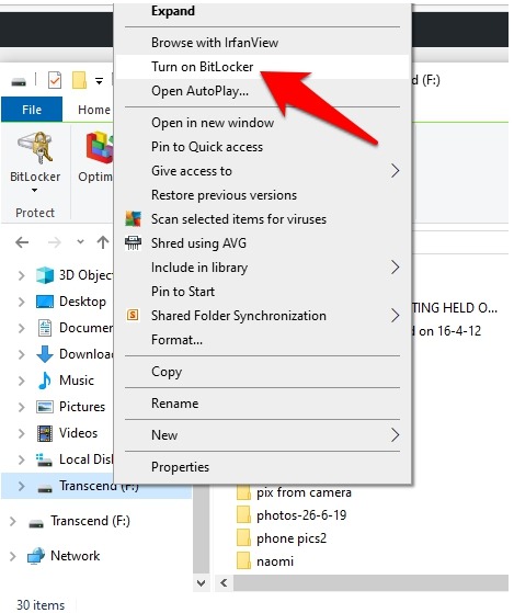 Encriptar la unidad USB Unidad de Windows 10 Administrar Bitlocker Haga clic con el botón derecho en Encender