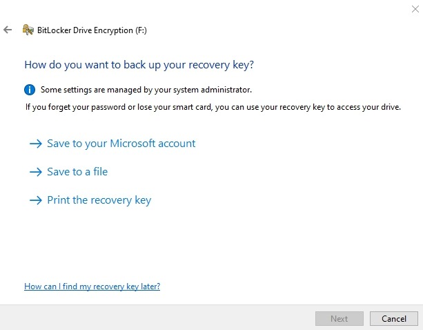 Cifre la clave de recuperación de Bitlocker de la unidad de Windows 10 de la unidad USB