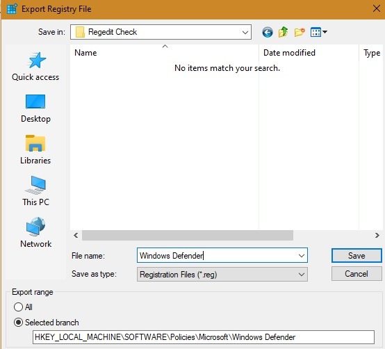 Configuración del archivo de registro de exportación de Windows Defender Admin Regedit