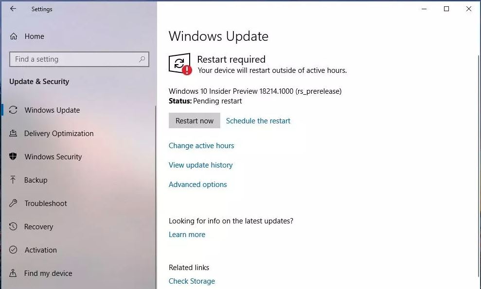 Windows 10 19H1 compilación 18214