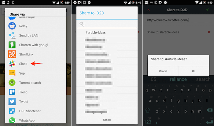En cualquier lugar donde vea el botón Compartir en Android, aparecerá la opción Slack.