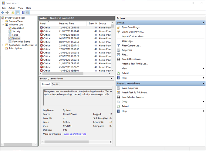 Ver Sistema de visor de eventos del historial de apagado de inicio de PC