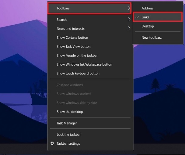 Vínculos de los iconos de la barra de tareas de Windows 10