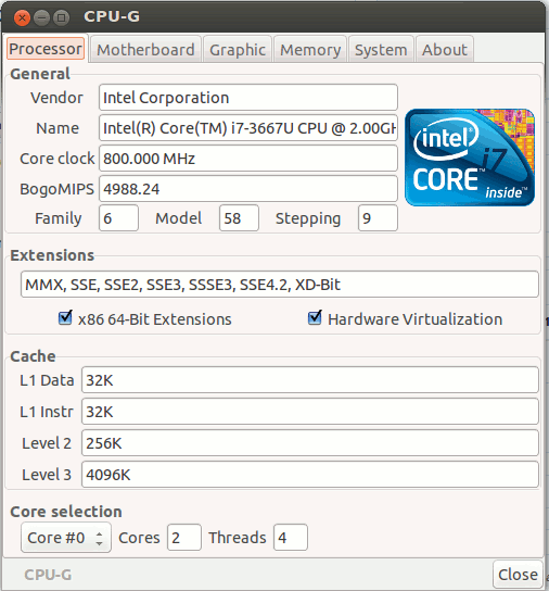 CPU-G que muestra información de la CPU