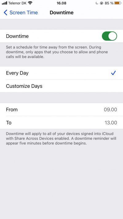 Captura de pantalla que muestra la configuración personalizada para el tiempo de inactividad en iPhone