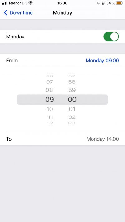 Captura de pantalla que muestra la configuración personalizada del tiempo de inactividad en iOS