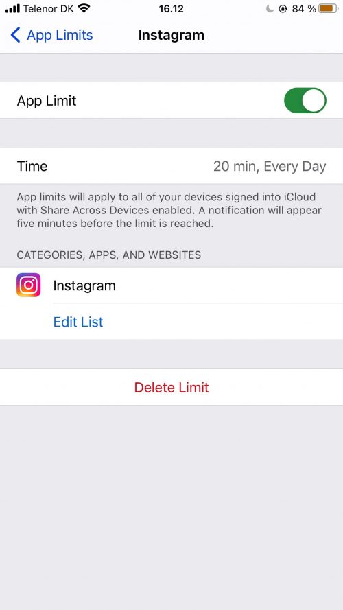 Captura de pantalla que muestra un ejemplo de cómo establecer un límite de aplicación de iPhone